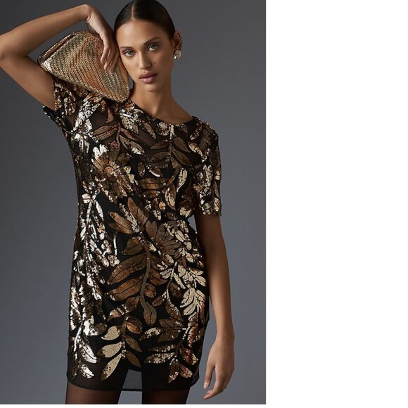 Anthropologie MAEVE SHORT-SLEEVE SHEER EMBELLISHED MINI DRESS S new gold - Picture 1 of 4